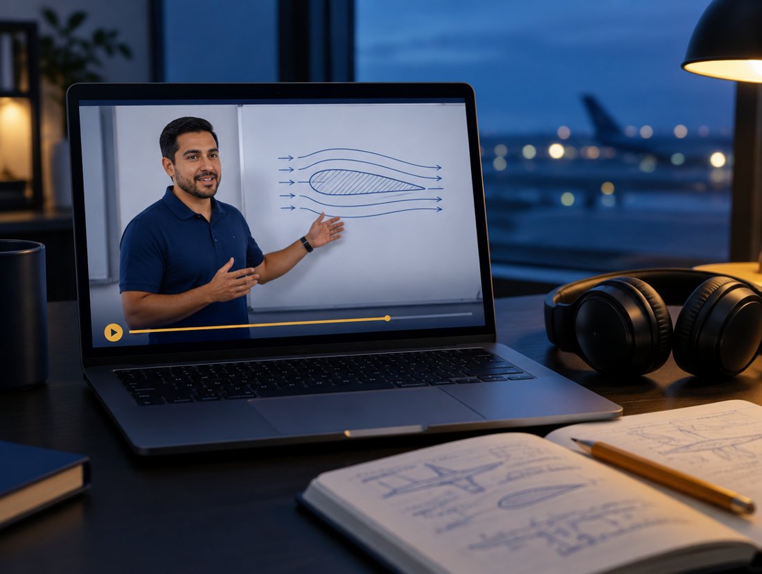 Laptop reproduciendo una clase grabada de un instructor de vuelo