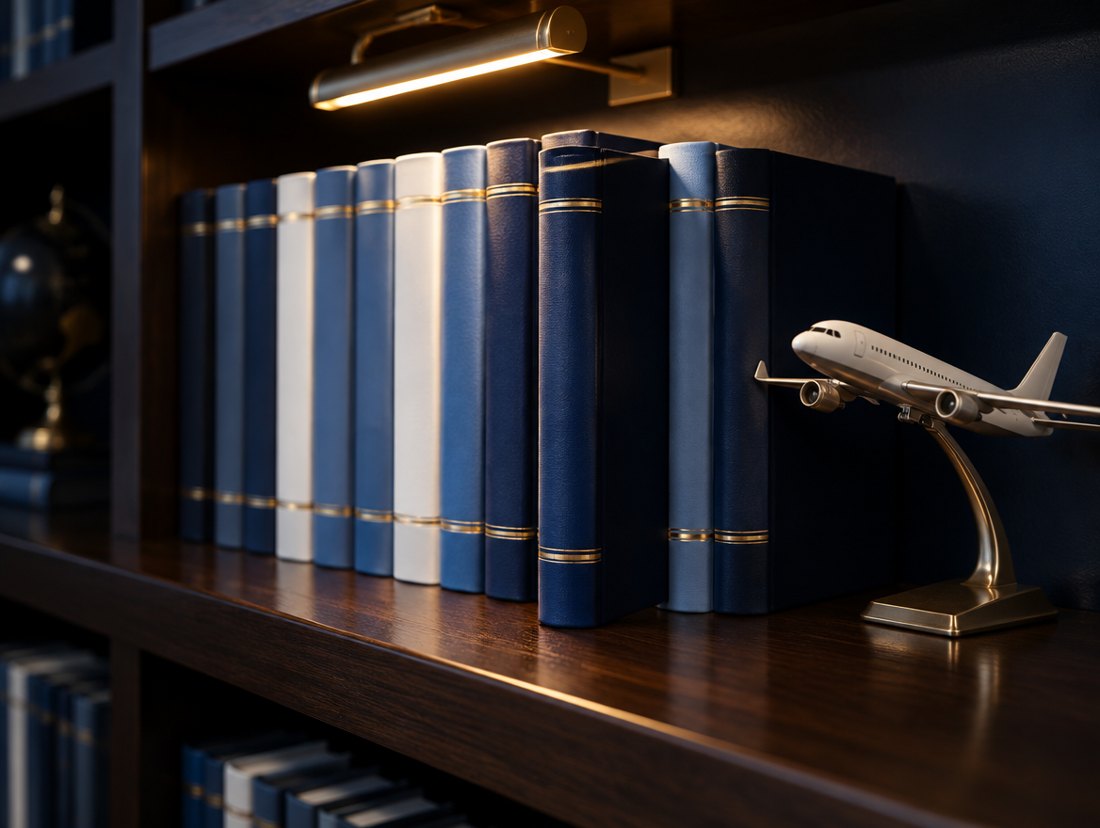 Librero con manuales de aviación azul marino y un avión a escala