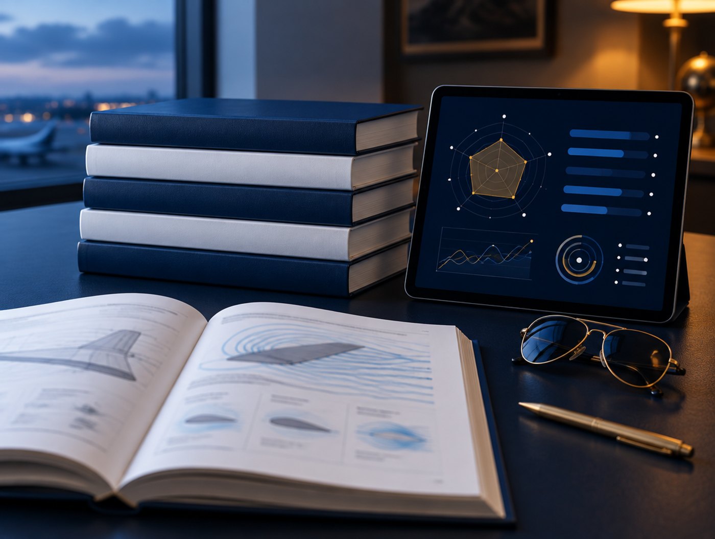 Manuales de aviación apilados junto a una tableta con análisis de avance