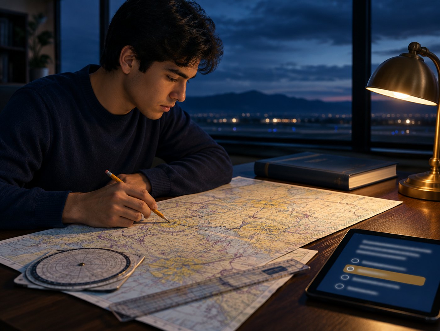 Estudiante de piloto estudiando con cartas aeronáuticas y un computador de vuelo