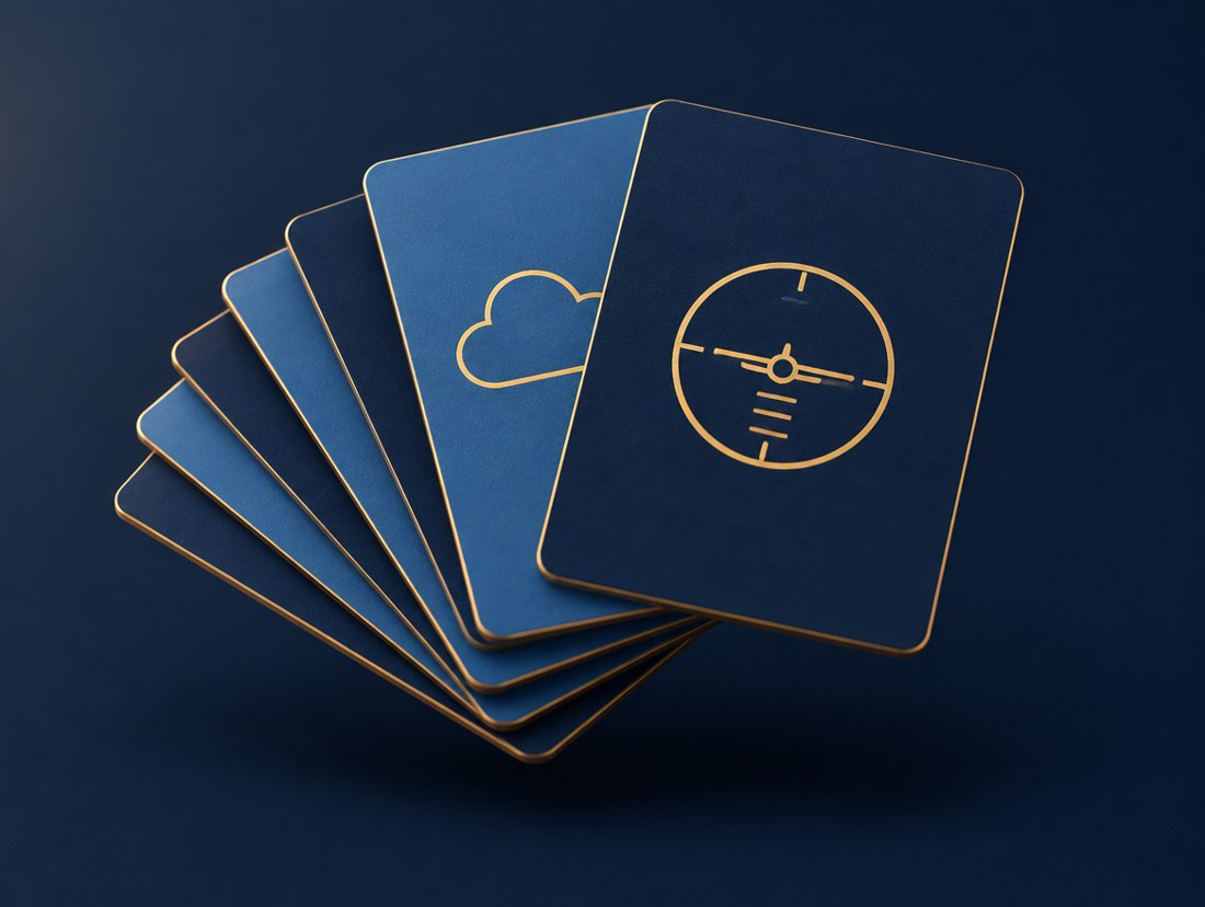 Pila de flashcards azul marino con iconos dorados de instrumentos de vuelo