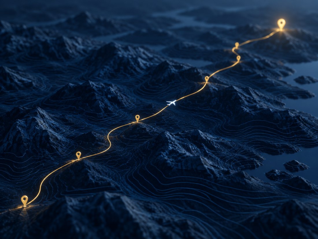Ruta dorada con waypoints sobre un mapa topográfico azul marino