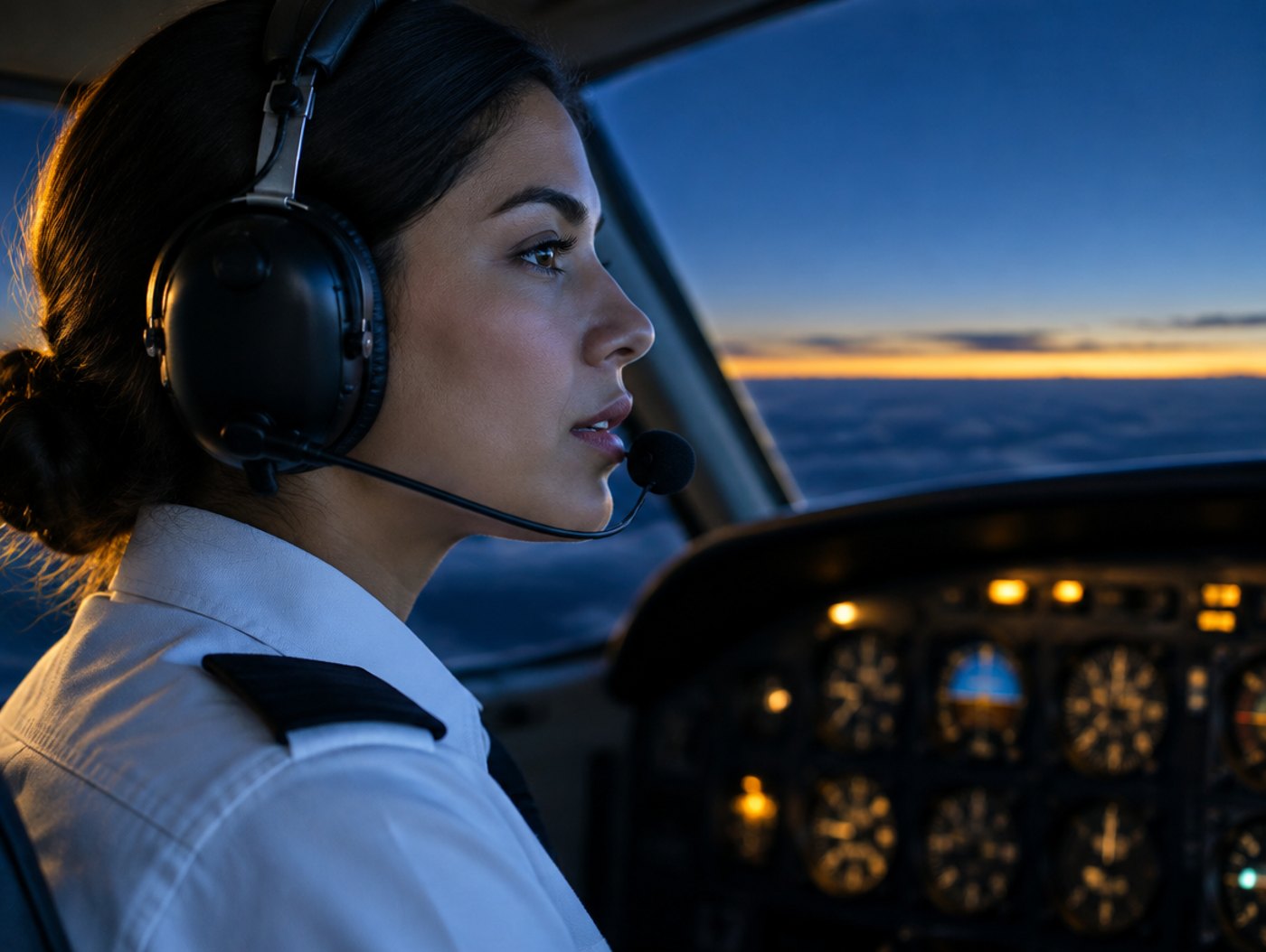 Piloto con auriculares de aviación hablando por radio en cabina