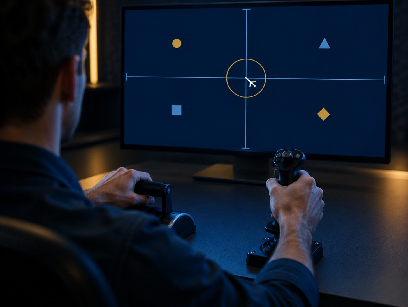 Aspirante resolviendo una prueba de aptitud con joystick y acelerador