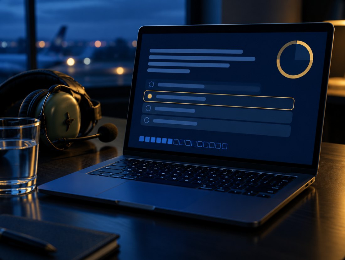 Laptop con un simulador de examen cronometrado y un headset de piloto al lado